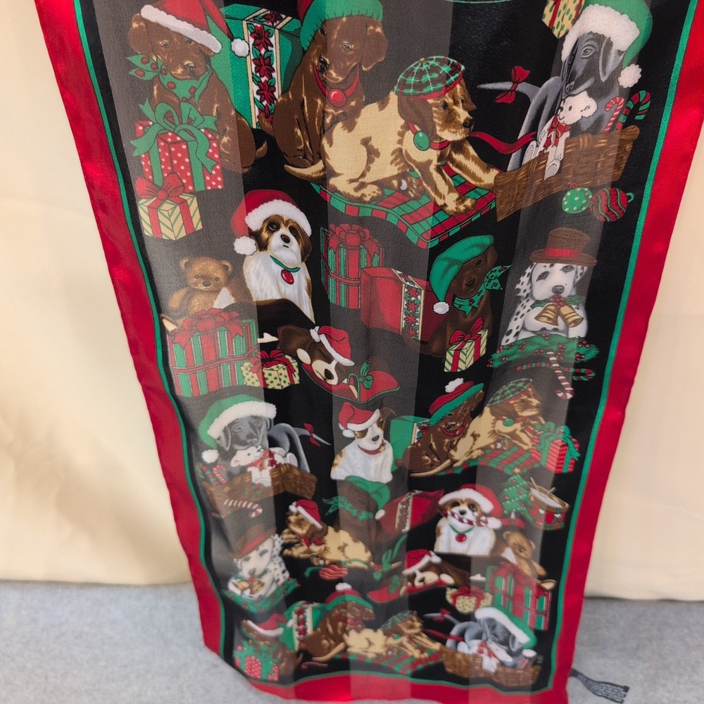 Christmas Dogs Puppies Holiday Scarf Black Red Border Oblong Polyester - Picture 4 of 6